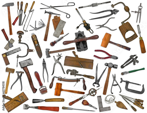 vintage tools mix collage on white