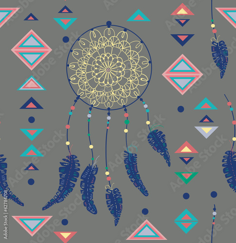 Seamless pattern of color American Indians dreamcatcher with bir