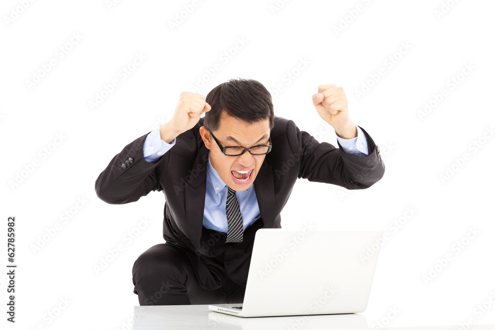happy businessman raise his hands to yell happy businessman raise his hands to yell