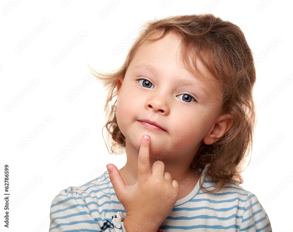 Smart kid girl thinking and holding finger under the face Smart kid girl thinking and holding finger under the face