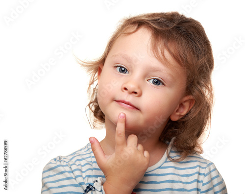 Smart kid girl thinking and holding finger under the face