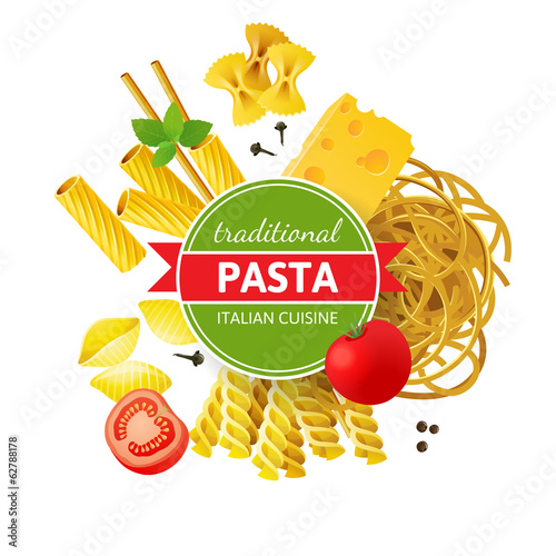Different pasta types, tomatoes, mint and spices over white back