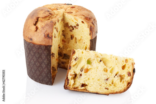Panettone and slice isolated on white, clipping path