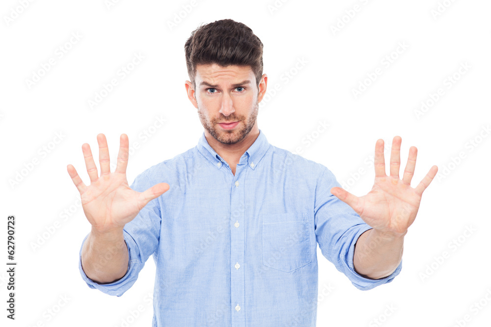 Man making stop gesture