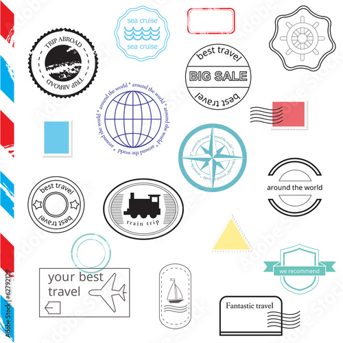 Vector Set of Stamps and Badges. Passport, post, travel stamps.