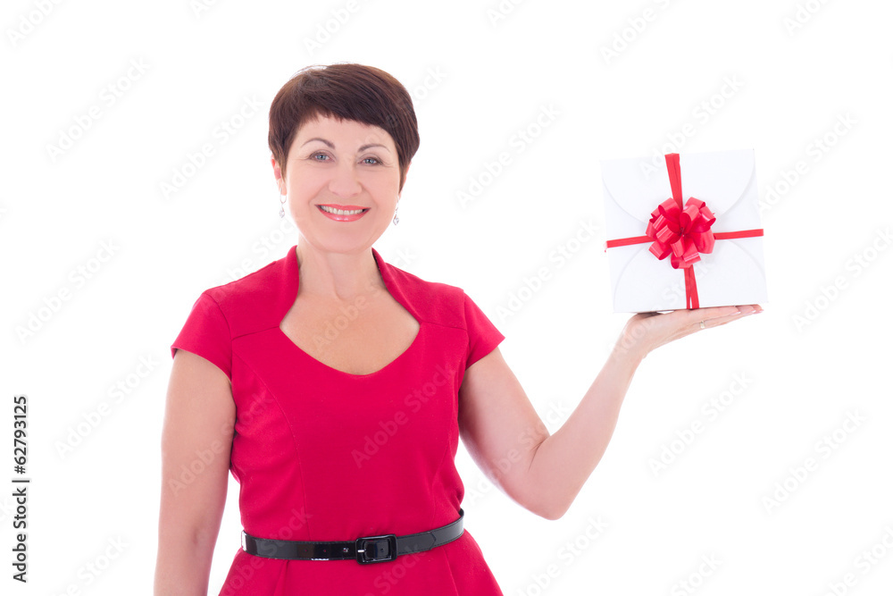 middle aged woman with gift isolated on white middle aged woman with gift isolated on white