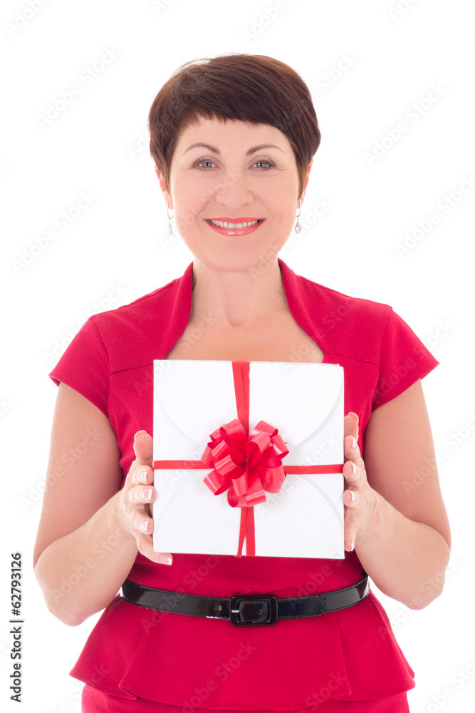 happy middle aged woman with gift isolated on white