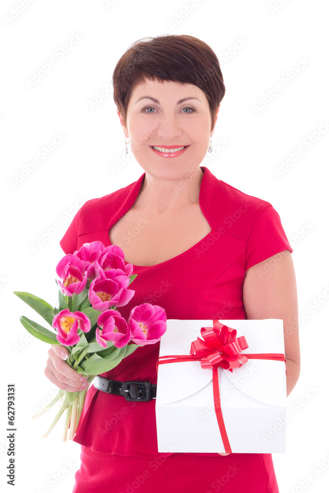 woman with flowers and gift box isolated on white woman with flowers and gift box isolated on white