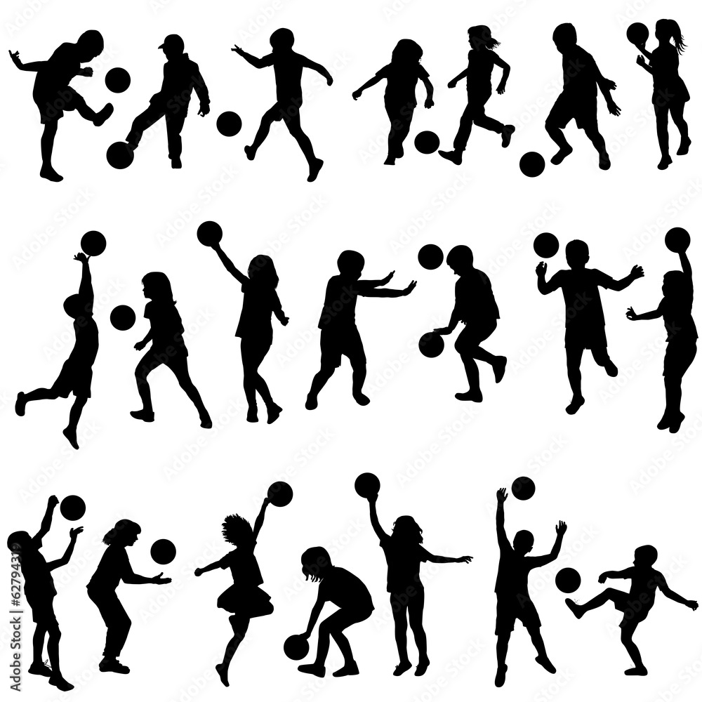 Set of children silhouettes playing with balls