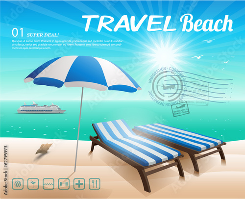 Beach background with chair and umbrella on sand