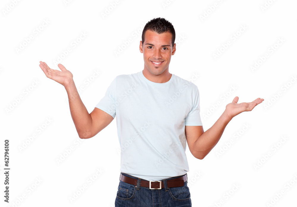 Handsome young man holding out his palms Handsome young man holding out his palms
