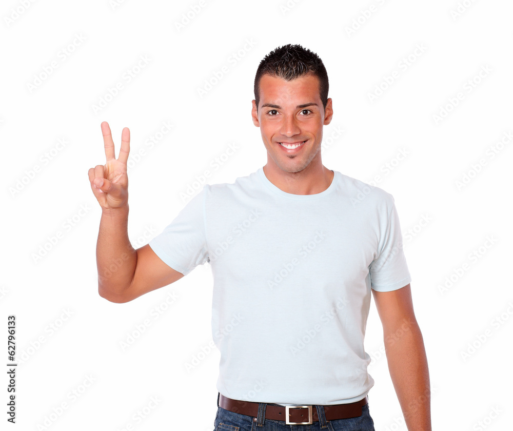 Handsome young guy with victory sign Handsome young guy with victory sign