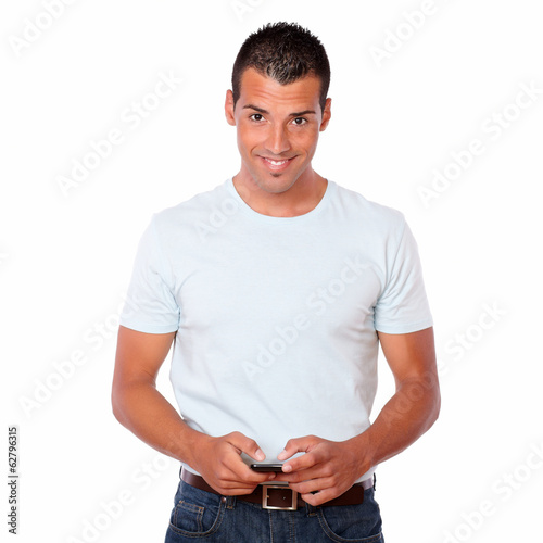 Charismatic man texting a message with cellphone