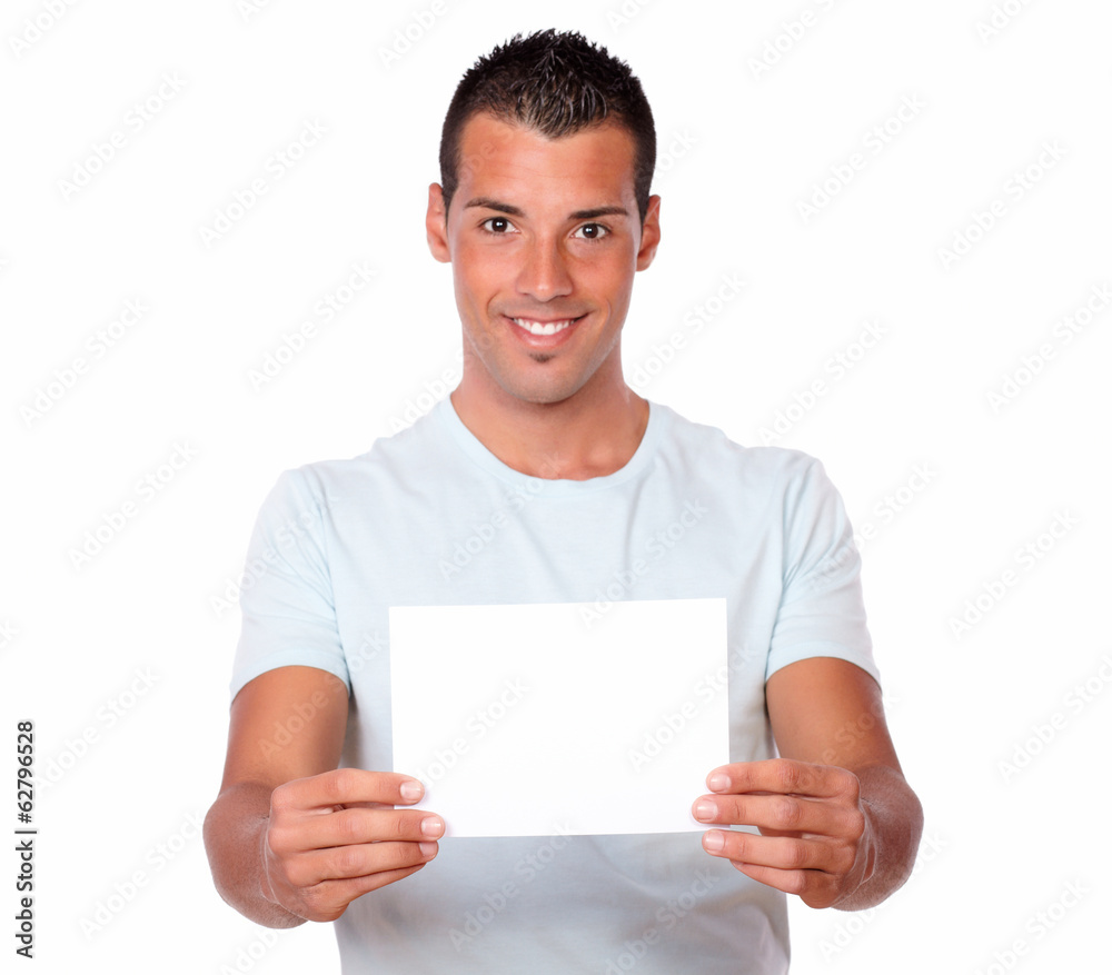 Hispanic man holding up a blank card Hispanic man holding up a blank card