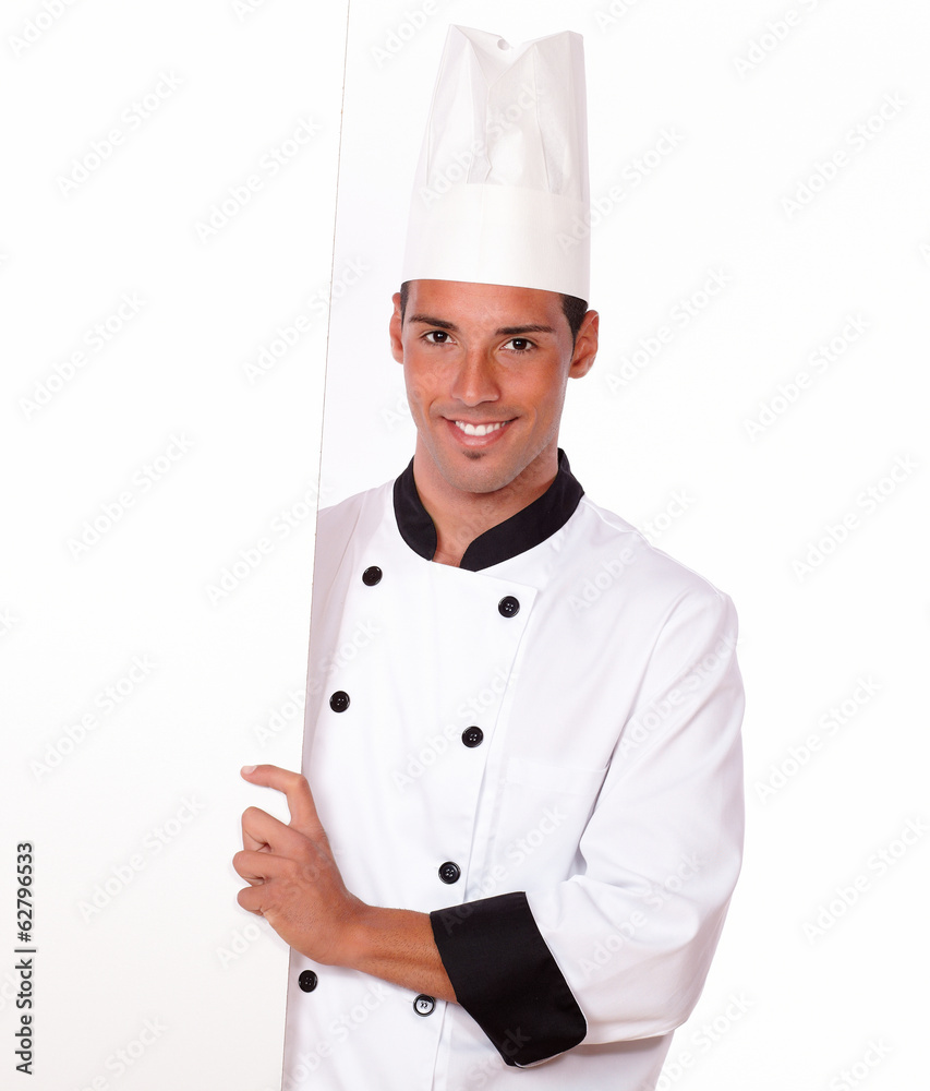 Professional chef holding a blank placard Professional chef holding a blank placard