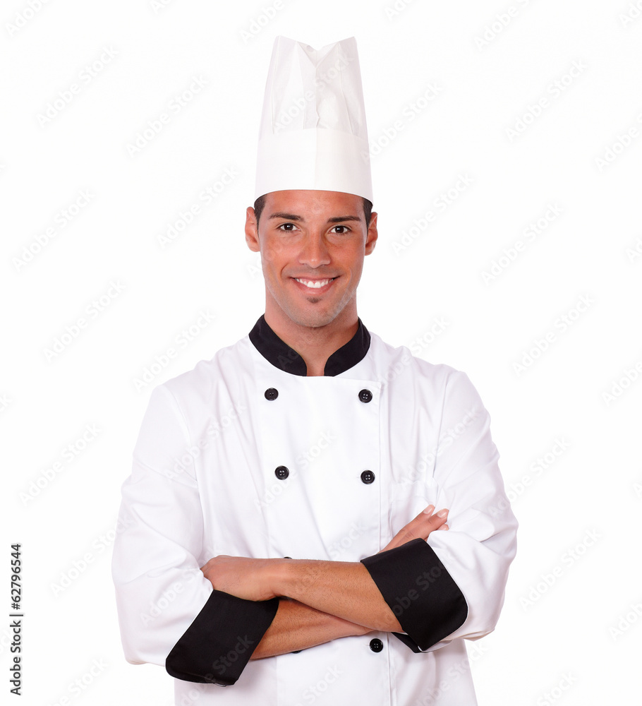 Professional hispanic chef smiling at you