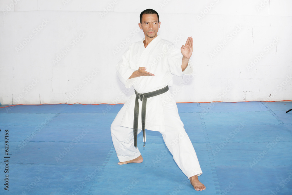 Black belt karate man with hand in spade position