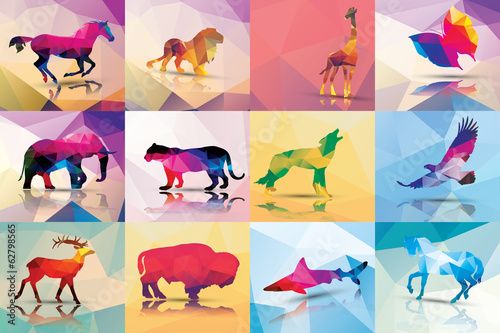 Collection of geometric polygon animals, patter design, vector