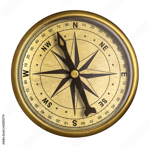 simple old brass nautical compass isolated on white