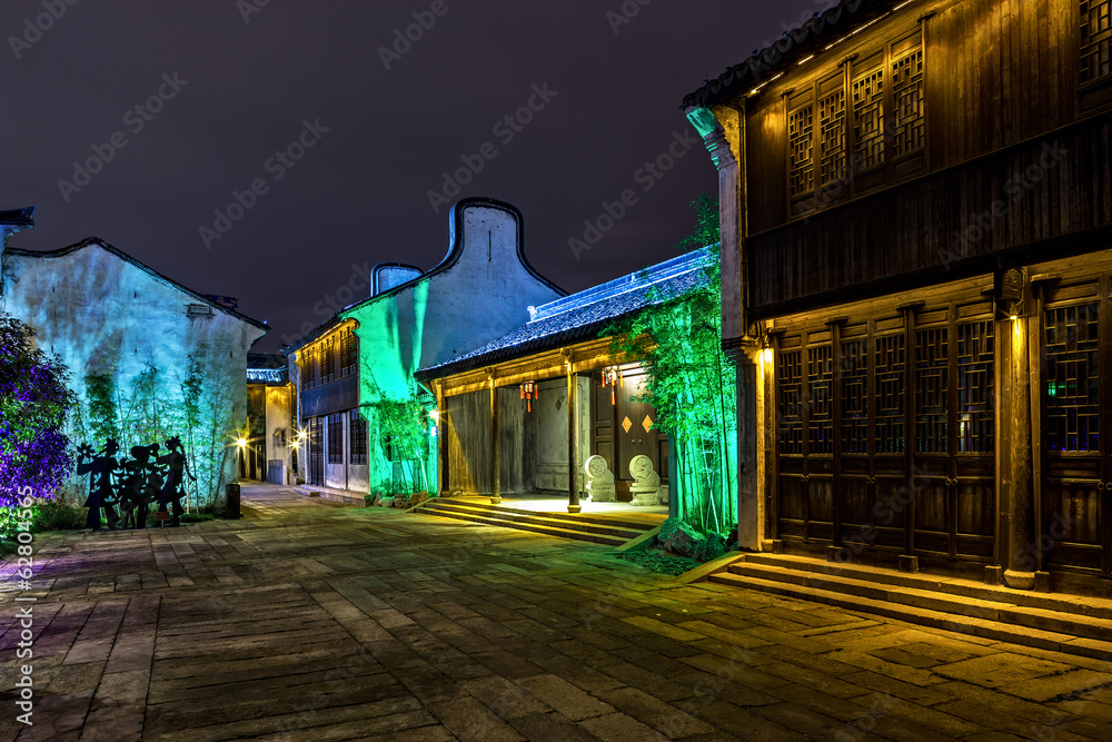 Night scene of traditional building near the river Night scene of traditional building near the river