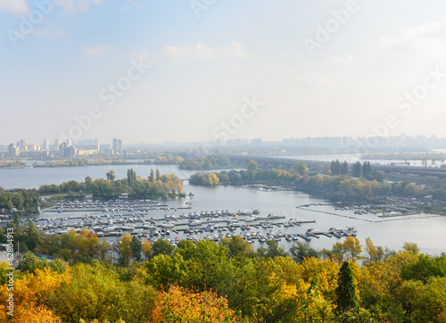 Piers and green islands of Dnipro in Kyiv