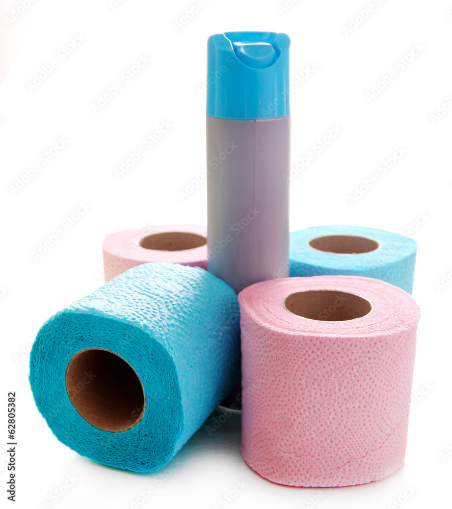 Colorful toilet paper rolls and air fresher, isolated on white