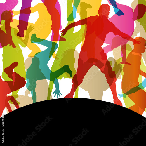 Active young men and women street break dancers silhouettes in a