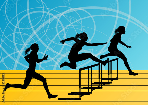 Active women girl sport athletics hurdles barrier running silhou
