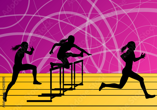 Active women girl sport athletics hurdles barrier running silhou