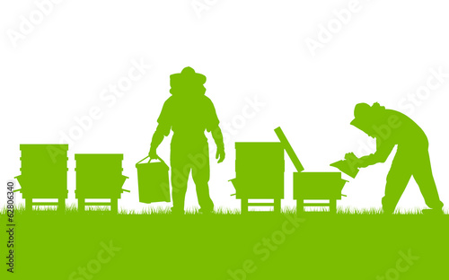 Beekeepers working in apiary vector background ecology concept c