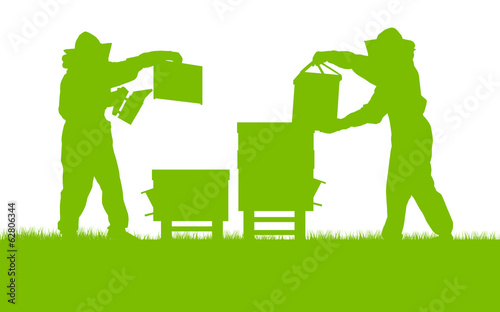 Beekeepers working in apiary vector background ecology concept c