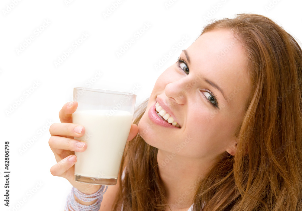 young beautiful woman with a glass of milk, isolated on white young beautiful woman with a glass of milk, isolated on white