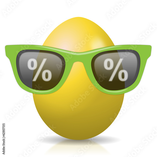 Gelbes Osterei mit grüner Sonnenbrille für Osterrabatt