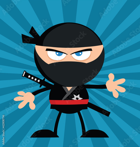 Angry Ninja Warrior Character.Flat Design Over Blue Background