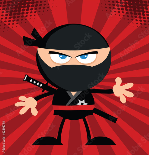 Angry Ninja Warrior Character.Flat Design Over Red Background
