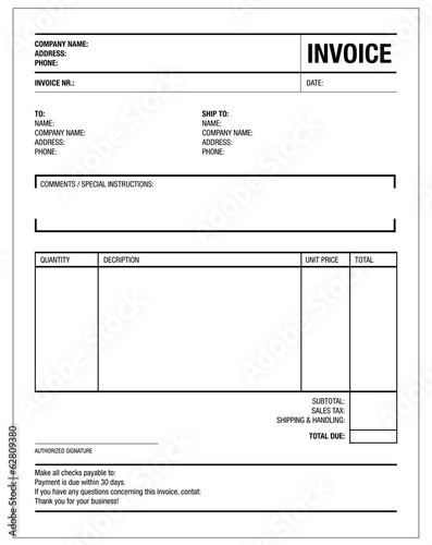Template of unfill paper tax invoice form photo