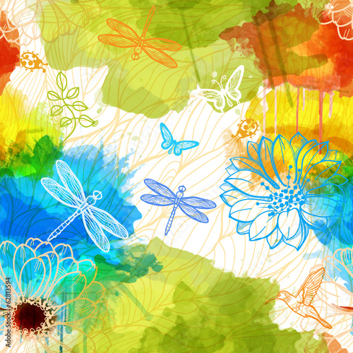 Seamless wallpaper of watercolors flowers,butterflies,birds