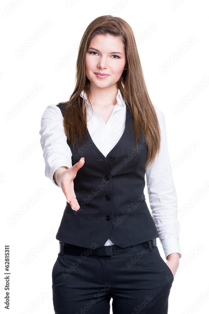 Young smiling business woman give handshake. Young smiling business woman give handshake.