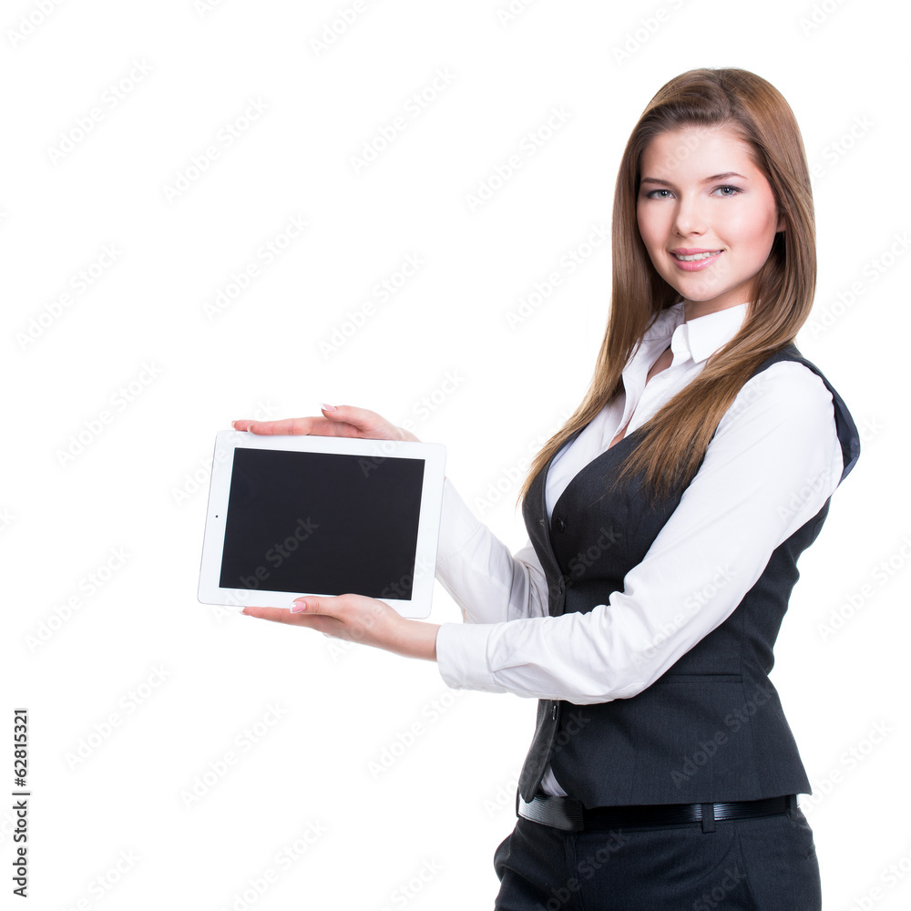 Young smiling business woman holding tablet.