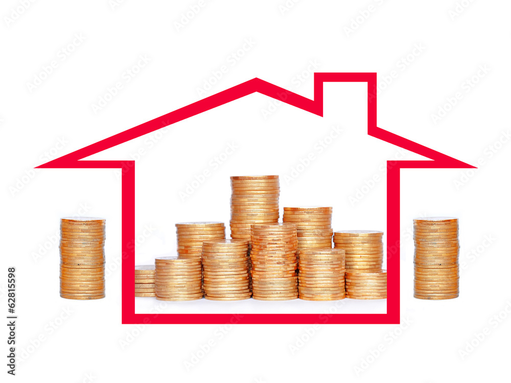Many coins in column in house. Financial concept. Many coins in column in house. Financial concept.
