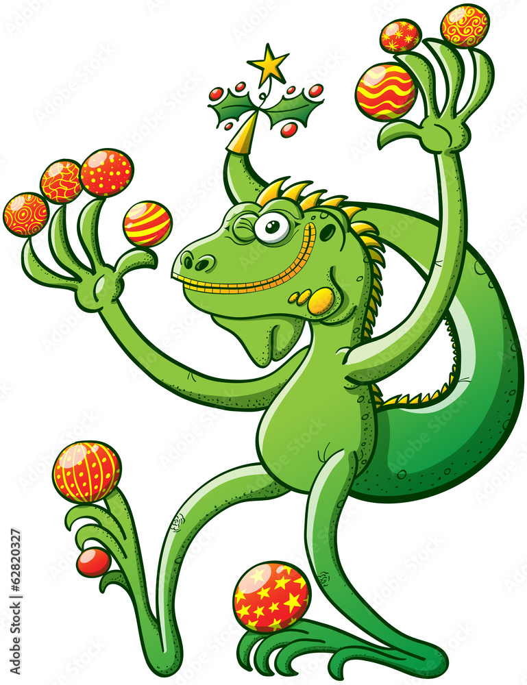 Fototapeta premium Green iguana winking while holding a lot of Christmas balls