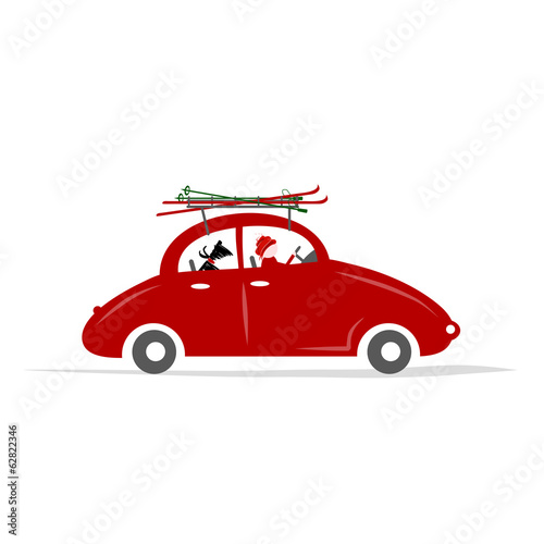 Man and dog in red car with skis on the roof rack