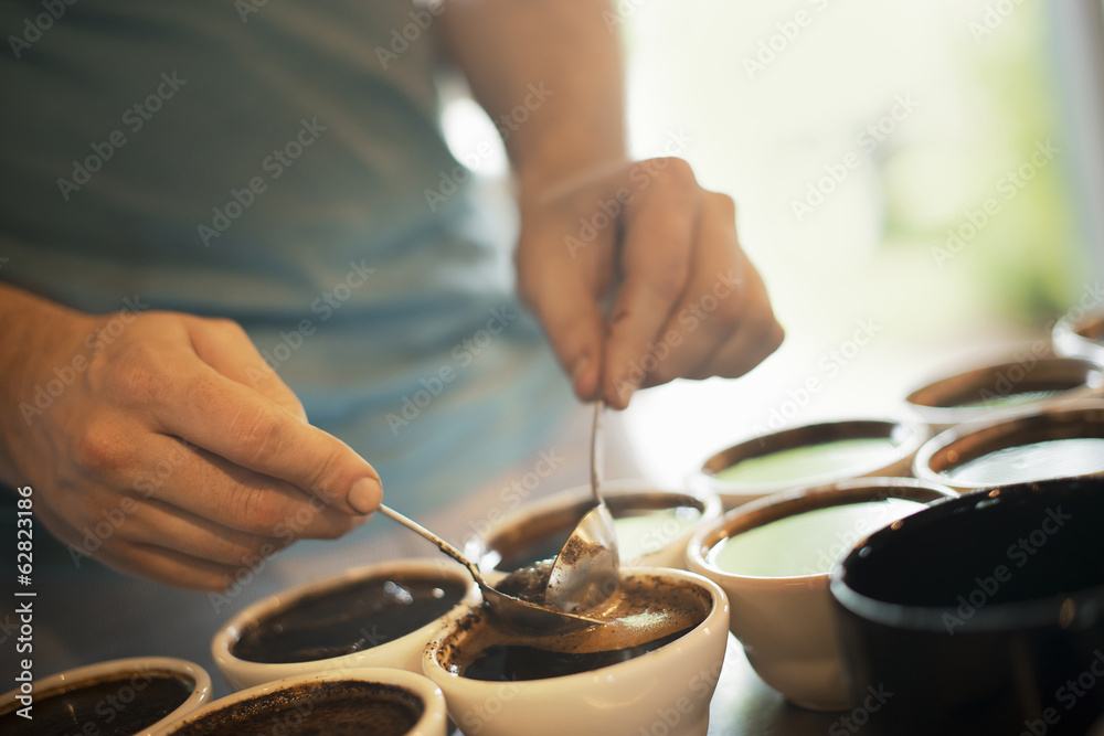 The sampling procedure in a coffee processing shed, where staff make