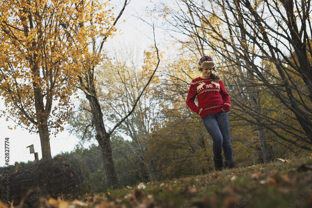 Autumn foliage on the trees on a farm. A young girl in a red knitted jumper with a warm tartan woolly hat. Autumn foliage on the trees on a farm. A young girl in a red knitted jumper with a warm tartan woolly hat.