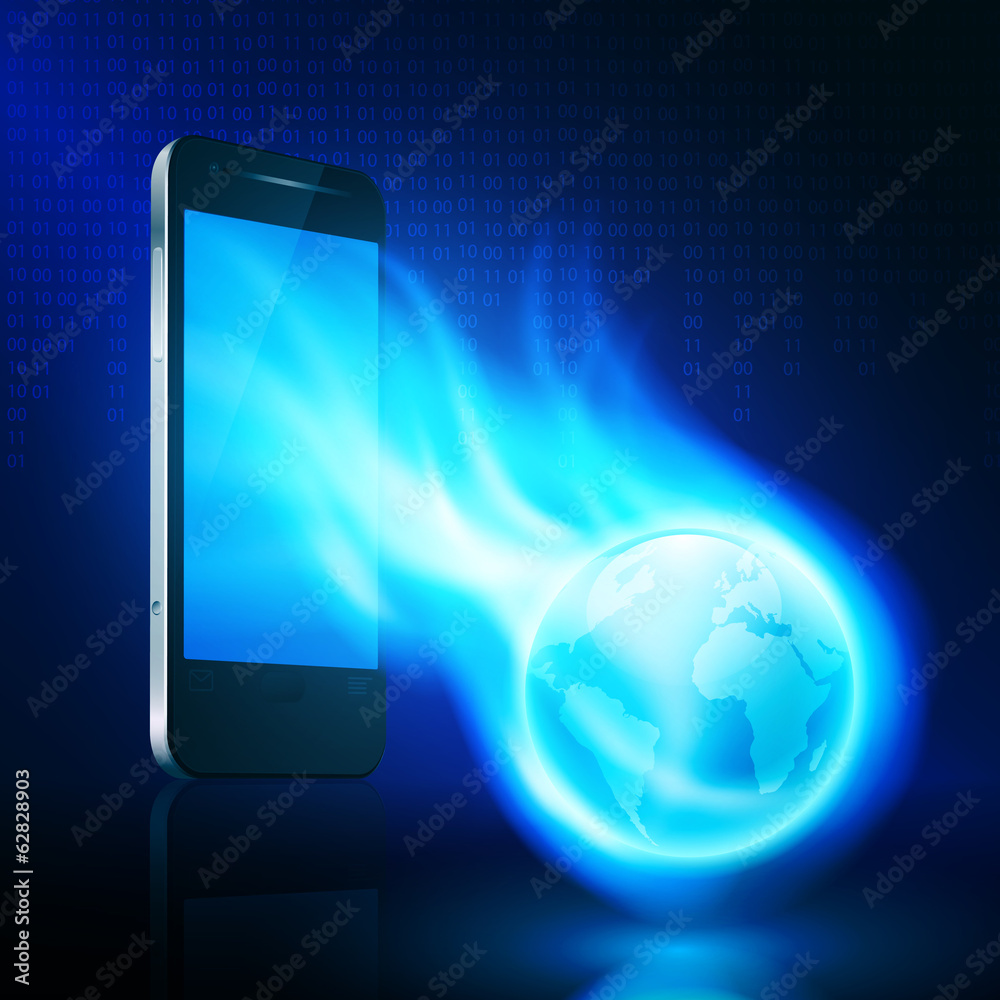 Flying flaming the globe from mobilephone on dark background Flying flaming the globe from mobilephone on dark background