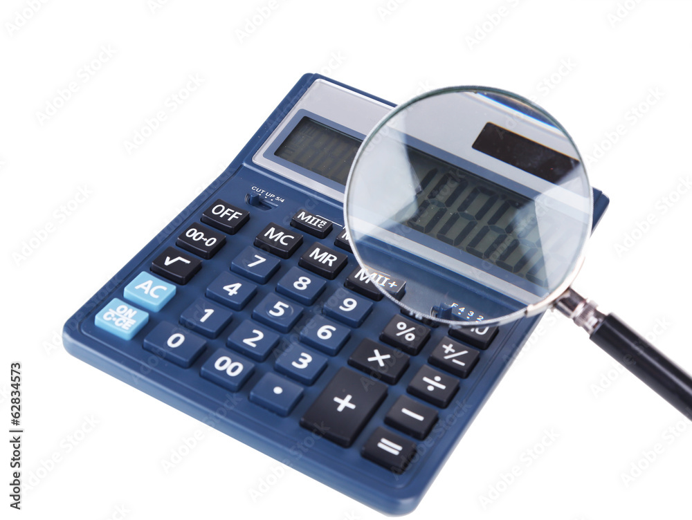 Fraud concept with magnifier and calculator, isolated on white Fraud concept with magnifier and calculator, isolated on white