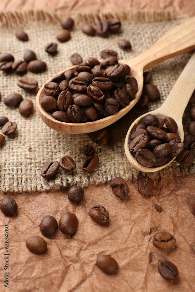 Coffee beans on table close-up Coffee beans on table close-up