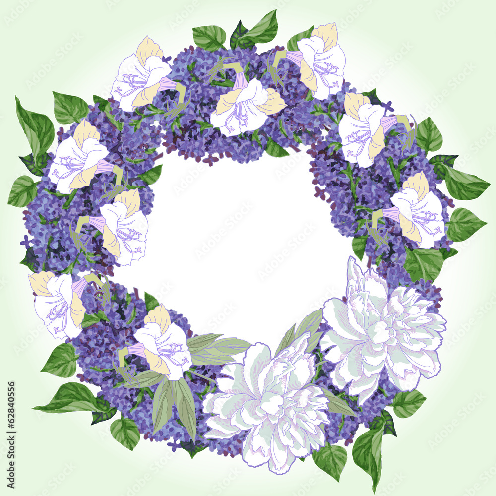 Wreath with two white peonies and lilac.Vector illustration Wreath with two white peonies and lilac.Vector illustration