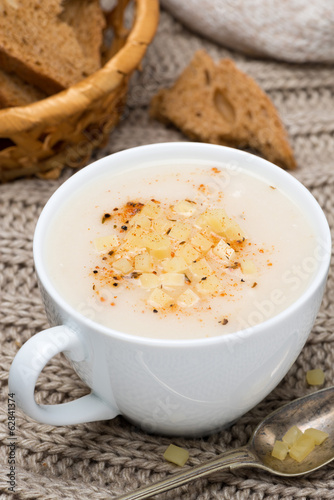 cream soup of cauliflower with cheese and pepper, vertical