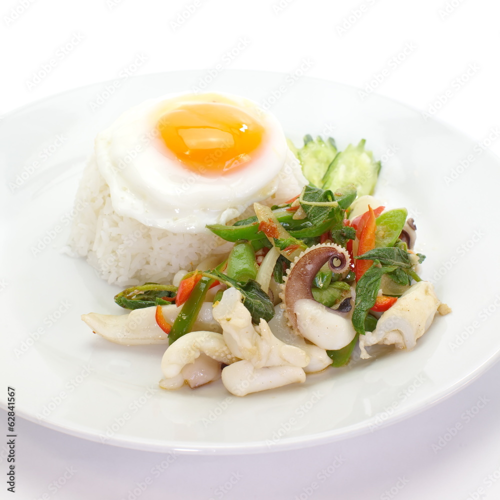 fried basil leave with squid and white rice ,fried egg fried basil leave with squid and white rice ,fried egg